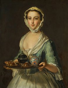 En ung kvinna som håller i en tebricka, möjligen Hannah, konstnärens hembiträde.