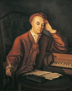 Tyskland, Sachsen-Anhalt, Halle, Porträtt av den tyske kompositören Georg Friedrich Handel (1685 - 1759) av Philippe Mercier