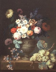 Stilleben av blommor i en klassisk vas med en klase druvor av Philippe Parpette