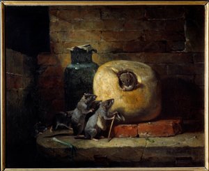 Råttan som drog sig tillbaka från världen. Illustration av fabeln av Jean de La Fontaine. Målning av Philippe Rousseau (1816 - 1887)