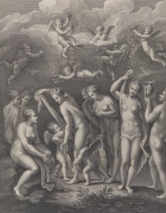Hera, Afrodite och Athena förbereder sig för skönhetstävlingen före P..., ca. 1729-40. av Philippe Simonneau