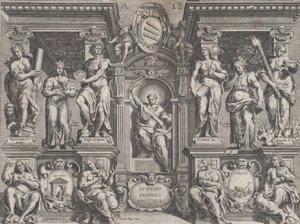 Allegoriskt avhandlingstryck med olika figurer, utspelade i en arkitektonisk struktur, 1608.