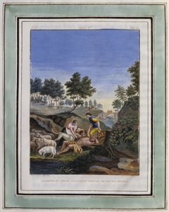 Daphnis och Chloe befriar Dorcon från sina hundar. Teckning av Philippe d