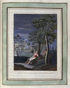 Chloe ångrar sig och tror sig ha blivit övergiven av Daphnis. Teckning av Philippe d