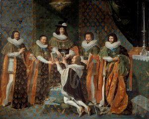 Mottagning av Ludvig XIII (1601-1643) av Henri II av Orleans, hertig av Longueville och Estouville, suverän prins av Neufchatel (1595-1663) Riddare av den Helige Andes Orden 1633-05-15 Ludvig XIII omges av Claude Bartillier , Storkassör i t av Philippe de Champaigne