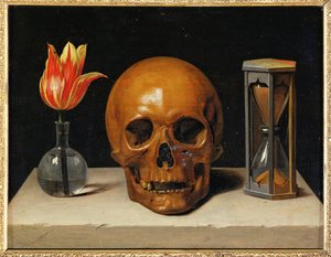Vanitas, allegori över den flyktiga tiden med dödskalle och timglas (olja på duk) av Philippe de Champaigne