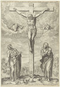 Kristus på korset flankerad av Maria och Johannes i ett landskap av Philippe de Soye