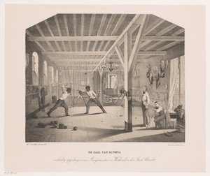 Utsikt över studentkompaniet Olympias fäktning och gymnastiksal The Hall of Olympia (titel på objekt) av Philippus Anthonius Alexander Kanne