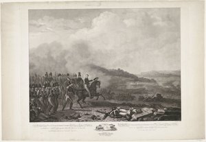 Prins av Orange som leder de holländska trupperna i slaget vid Quatre-Bras, 1815 Hans kungliga höghet William, George, Frederik, Lodewijk Kronprins av kungariket Nederländerna i spetsen för holländarna mot den franska armén av Quatre-B av Philippus Velijn