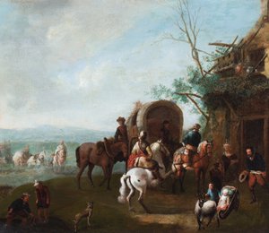 Resenärer utanför ett värdshus med en man på en vit häst (olja på metall) av Philips (manner of) Wouwermans or Wouvermans