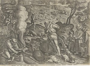 Konijnenjacht Jachttaferelen (serietitel) Där alla typer av jakt, fågelfågel och fiske (serietitel) av Philips Galle (possibly)