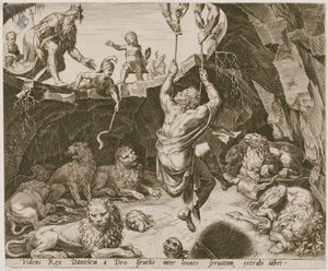 Daniel befrias ur lejongropen, blad 9 ur serien "Berättelsen om Daniel, Bel och draken" av Philips Galle