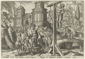 Kungen av Ai hängs The Days of Doom of the Jewish People (serietitel) av Philips Galle