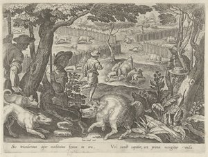 Drijfjacht op zwijnen Jachttaferelen (serietitel) Där alla typer av jakt, fågelfågel och fiske (serietitel) av Philips Galle