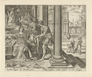 Ester får höra av sina pigor att Mordokai bär sorgekläder History of Esther (serietitel) av Philips Galle