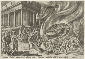 Jehu förstör templet och Baals bild The Days of Doom of the Jewish People (serietitel) av Philips Galle