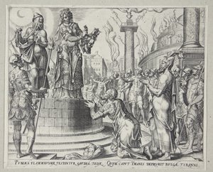 Judith visar huvudet av Holofernes för folket i Bethulia av Philips Galle