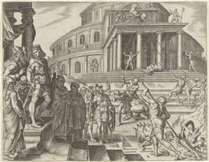 Kung Josia låter ta bort hästarna och vagnarna för att hedra solen Kung Josias historia (serietitel) av Philips Galle