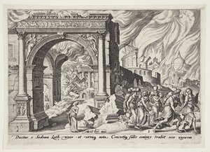 Lot och hans familj lämnar det brinnande Sodom av Philips Galle