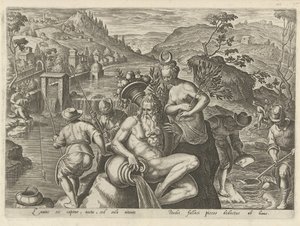 Nachtelijk vissen met een hengel Jachttaferelen (serietitel) Där alla typer av jakt, fågelfågel och fiske (serietitel) av Philips Galle