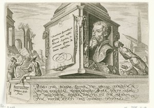 Porträtt av Maarten van Heemskerck på sockeln av en kolumn The Days of Doom of the Jewish People (serietitel) av Philips Galle
