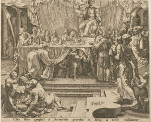 Bels präster äter och dricker i templet [blad 4] och Daniel matar draken [blad 7], blad 4 och 7 i serien ”Berättelsen om Daniel, Bel och draken”