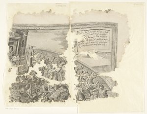 Övre högra hörnet av ett tryck av scenen av Cebes Tabula Cebetis Carta Vitae (titel på objekt) av Philips Galle