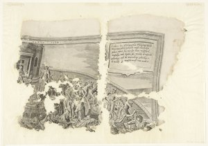 Övre högra hörnet av ett tryck av scenen av Cebes Tabula Cebetis Carta Vitae (titel på objekt) av Philips Galle