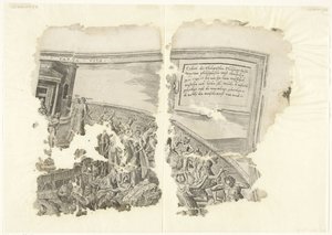Övre högra hörnet av ett tryck av scenen av Cebes Tabula Cebetis Carta Vitae (titel på objekt) av Philips Galle