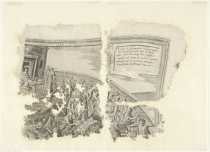 Övre högra hörnet av ett tryck av scenen av Cebes Tabula Cebetis Carta Vitae (titel på objekt) av Philips Galle