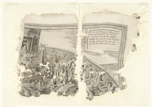 Det övre högra hörnet av ett tryck av scenen av Cebes Tabula Cebetis Carta Vitae (titel på objekt) av Philips Galle
