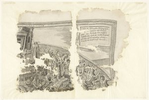 Det övre högra hörnet av ett tryck av scenen av Cebes Tabula Cebetis Carta Vitae (titel på objekt) av Philips Galle