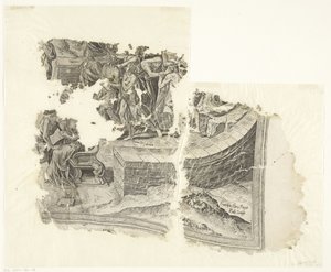Nedre högra hörnet av ett tryck av Cebes-scenen Tabula Cebetis Carta Vitae (originaltitel) av Philips Galle