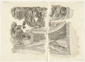 Nedre högra hörnet av ett tryck av Cebes-scenen Tabula Cebetis Carta Vitae (originaltitel) av Philips Galle