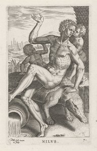 Riviergod Nilen Nilvs (titel på objekt) Rivier- en zeegoden (serietitel) Eleganta porträtt av de marina halvgudarna och Amnicus-sälarna (serietitel) av Philips Galle