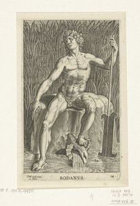 Riviergod Rhone Rodanvs (titel på objekt) Rivier- en zeegoden (serietitel) Eleganta porträtt av de marina halvgudarna och Amnicus-sälarna (serietitel) av Philips Galle