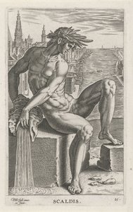 Riviergod Scaldis Scaldis (titel på objekt) Rivier- en zeegoden (serietitel) Eleganta porträtt av de marina halvgudarna och Amnicus-sälarna (serietitel) av Philips Galle