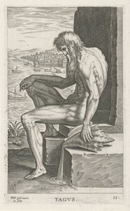 Riviergod Tejo Tagvs (titel på objekt) Rivier- en zeegoden (serietitel) Eleganta porträtt av de marina halvgudarna och sjölejonen (serietitel) av Philips Galle