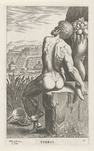 Riviergod Tibern Stammar (titel på objekt) Rivier- en zeegoden (serietitel) Eleganta porträtt av de marina halvgudarna och Amnicus-sälarna (serietitel) av Philips Galle