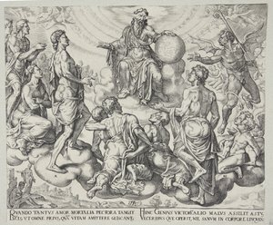 Satan utmanar Herren att ta bort hans skydd från Job av Philips Galle
