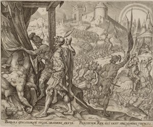 Upptäckten av Holofernes lik, plansch åtta ur The Story of Judith and Holofernes av Philips Galle