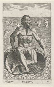 Zeegod Nereus Never (titel på objekt) Rivier- en zeegoden (serietitel) Eleganta porträtt av de marina halvgudarna och Amnicus-sälarna (serietitel) av Philips Galle