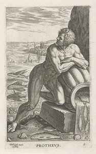 Zeegod Protheus Prothevs (titel på objekt) Rivier- en zeegoden (serietitel) Eleganta porträtt av de marina halvgudarna och sjölejonen (serietitel) av Philips Galle