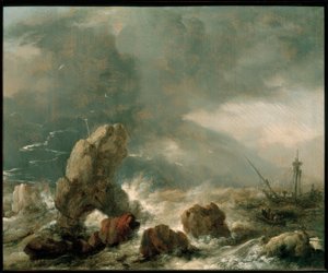 Stormigt hav med tre fartyg i nöd av Philips Wouwerman