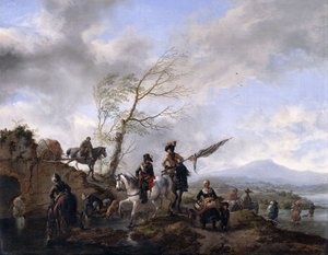 Ett vidsträckt flodlandskap med soldater och en fanbärare som vattnar sina hästar, av Philips Wouwerman