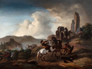 Banditer som överfaller resenärer på en stig i ett italienskt landskap, ca 1640-50 (olja på panel)
