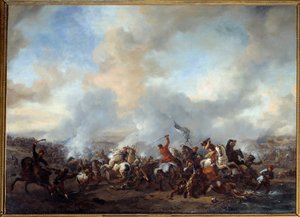 Stor strid mellan ryttare och infanterister Målning av Philips Wouwerman (1619-1668) 1600-talets sön. 0,99x1,35 m