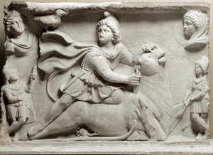Feniciernas civilisation: offerscen som skildrar den gudomliga Mithra (Mythra eller Mithra) fördriver tjuren. 2:a eller 3:e århundradet e.Kr. Reliefstrumpor i marmor. Paris, Louvren