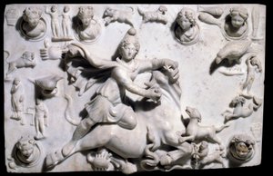 Orientaliska antikviteter: Mithra som dödar tjuren (kommer från Mithraeum i Sidon). Lågreliefmarmor från Sayda, 2:a-3:e århundradet (grekisk-romersk tid, feniciska kungariket). Paris, Louvren