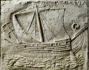 Fenicisk konst: basrelief av sarkofag som representerar ett handelsfartyg - Från den gamla hamnen i Sidon (Saidoon) i Libanon - Paris, musee du Louvre - Ett feniciskt handelsfartyg - Reliefdetalj av en stensarkofag hittad i Sidon (Libanon) - Louvren , Pari